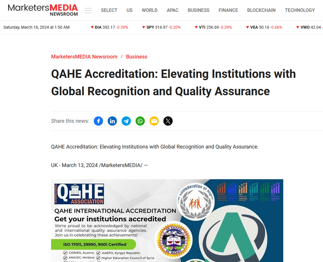 QAHE’s Article on Accreditation and Global Recognition Published on MarketersMEDIA