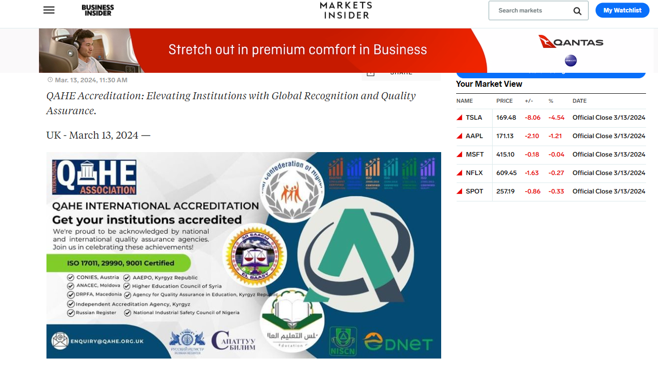 QAHE Accreditation: Elevating Institutions with Global Recognition and Quality Assurance Article Now Available on Markets Insider